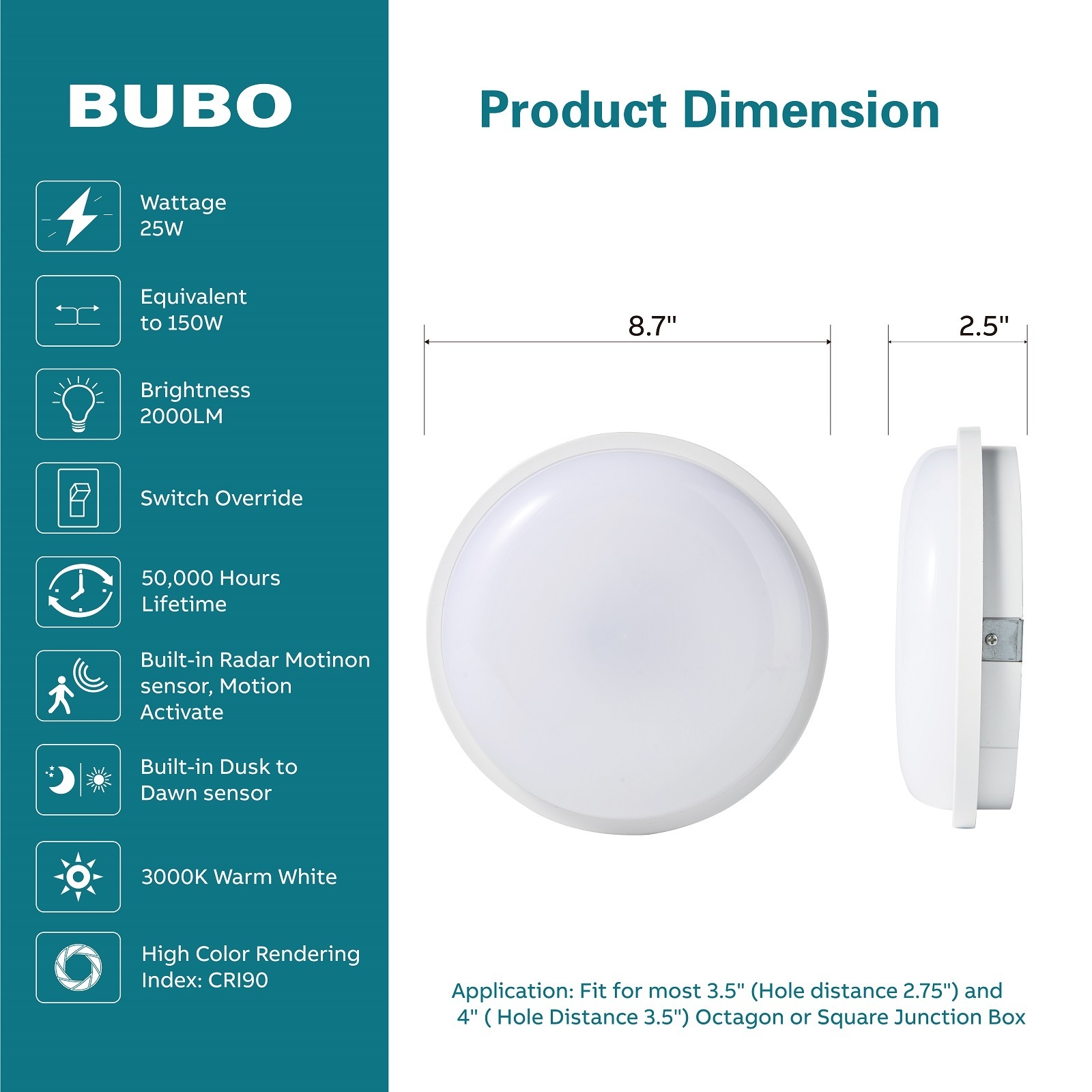 Bubo 9inch Motion Sensor Ceiling Light for Bathroom Waterproof IP54, Bright White 4000K, 2000lm 24W Ceiling Fixture