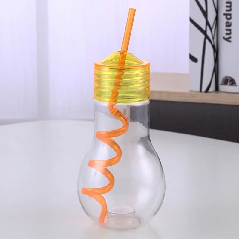 600ML Glowing Plastic Bulb Drinks Cup Cute Fashion Bulb Shape Milk Juice Light Water Bottle with Crystal Straw and LED light