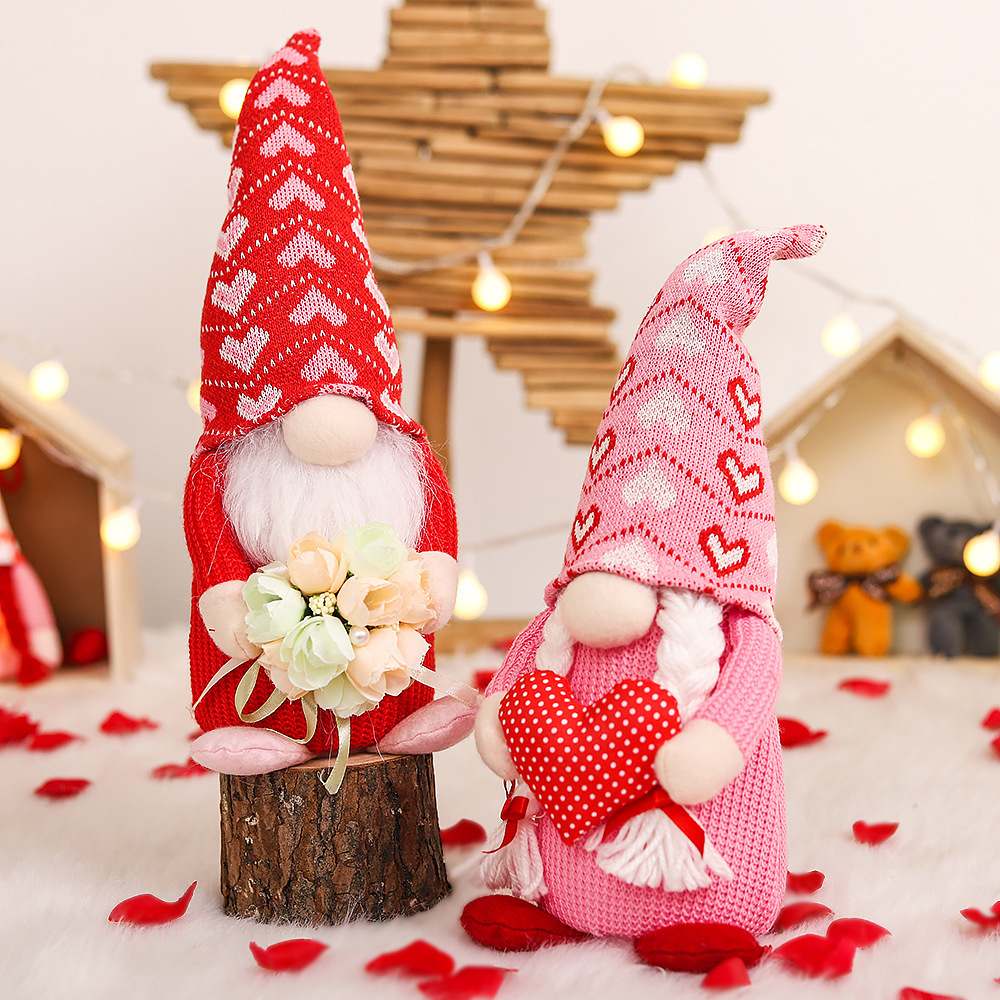 Gnome Plush Doll Holiday Figurines Toy Valentine's Day Doll Pink Love Bear Rudolph Plush Toy Valentine's Day Birthday Gift Doll