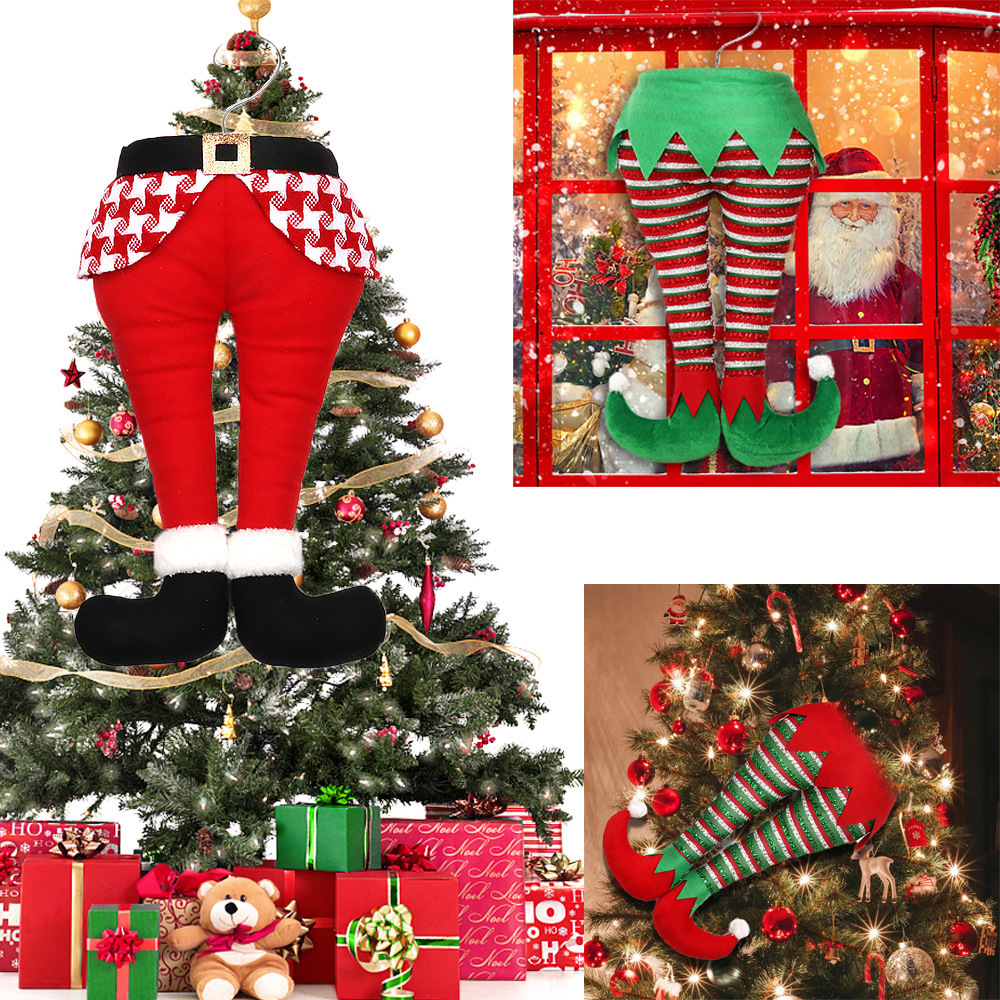 Christmas Santa Elf Legs Plush Stuffed Feet with Shoes Stuck in Christmas Tree Decor Navidad Festival Party Ornament Supplies