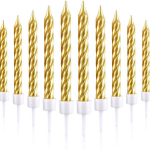 Tall Thin Metallic Gold Slow Burning Birthday Candles in Holders Elegant Classy Cake Topper Custom Brand