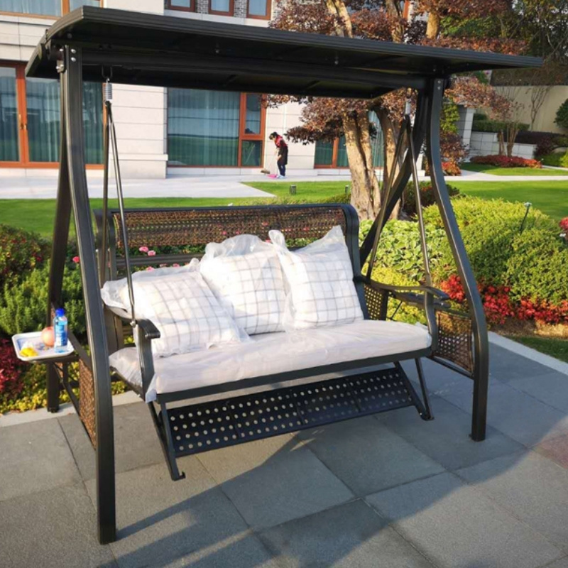 Outdoor Style LED Frame Rattan 3 Seater Patio Swing with Sitting Cushion Light White Outdoor Furniture Aluminium Eco-friendly PE