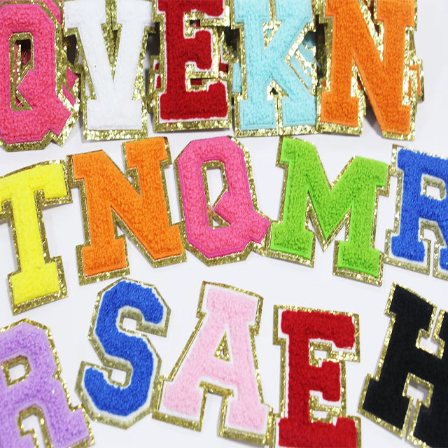 Factory A-Z Iron On Glitter Letters Sew On Gold Border Chenille Letter Embroidery Patches For DIY Bags Clothing