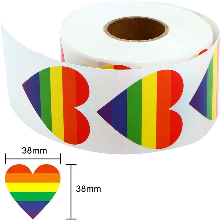 1.5 inch 500pcs/roll Striped Heart Shaped Love Gay Pride Rainbow Heart Ribbon Sticker