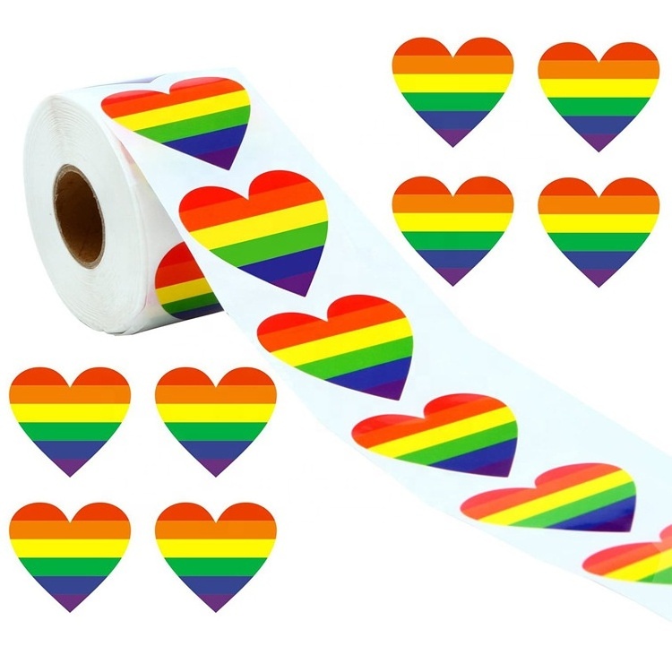 1.5 inch 500pcs/roll Striped Heart Shaped Love Gay Pride Rainbow Heart Ribbon Sticker