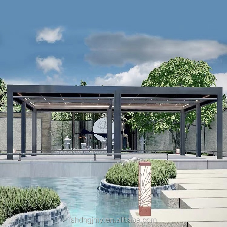 Luxury Electric Terrace Awning Aluminium  Backyard Pergola with Louver Kits and Side Sun Screen PVC Fabric MDF