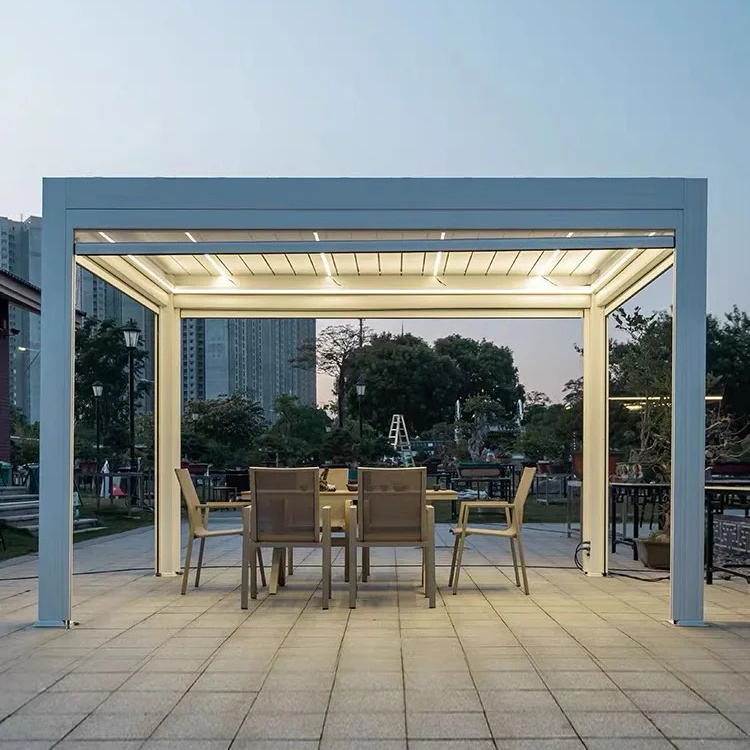 Modern European Style Pavilion with Aluminum Louvered Pergola Waterproof Chinese Gazebo with Lighting for Bar