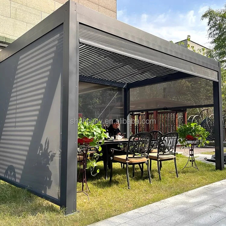 Retractable Aluminum Electric Pergola Kits with Sliding Glass Jalousie Roof Shutter for Pool Gazebo Arches Arbours