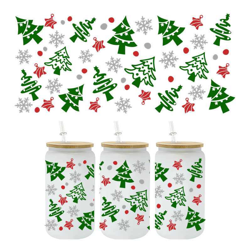 Custom Christmas Day Printed 3d Label Christmas Tree Design Transparent Cup Wrap Transfers Sticker