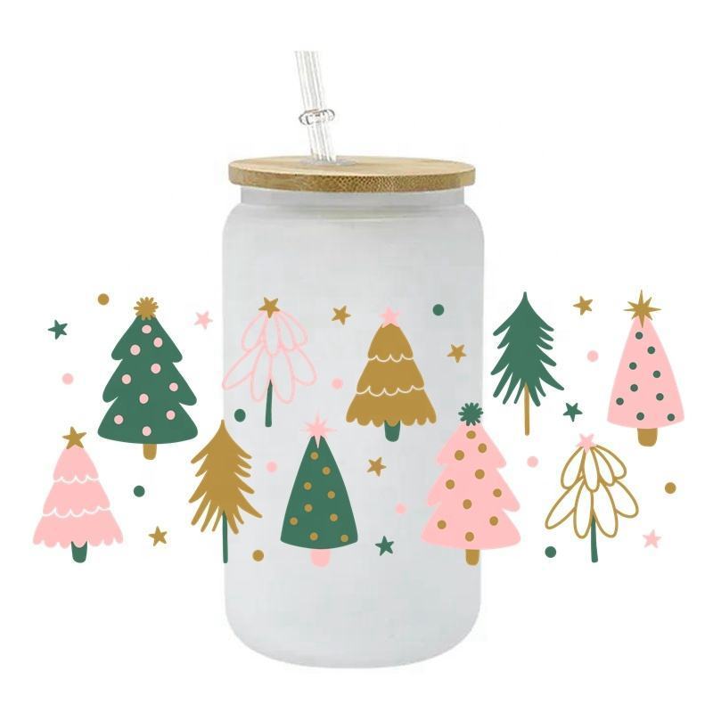 Custom Christmas Day Printed 3d Label Christmas Tree Design Transparent Cup Wrap Transfers Sticker