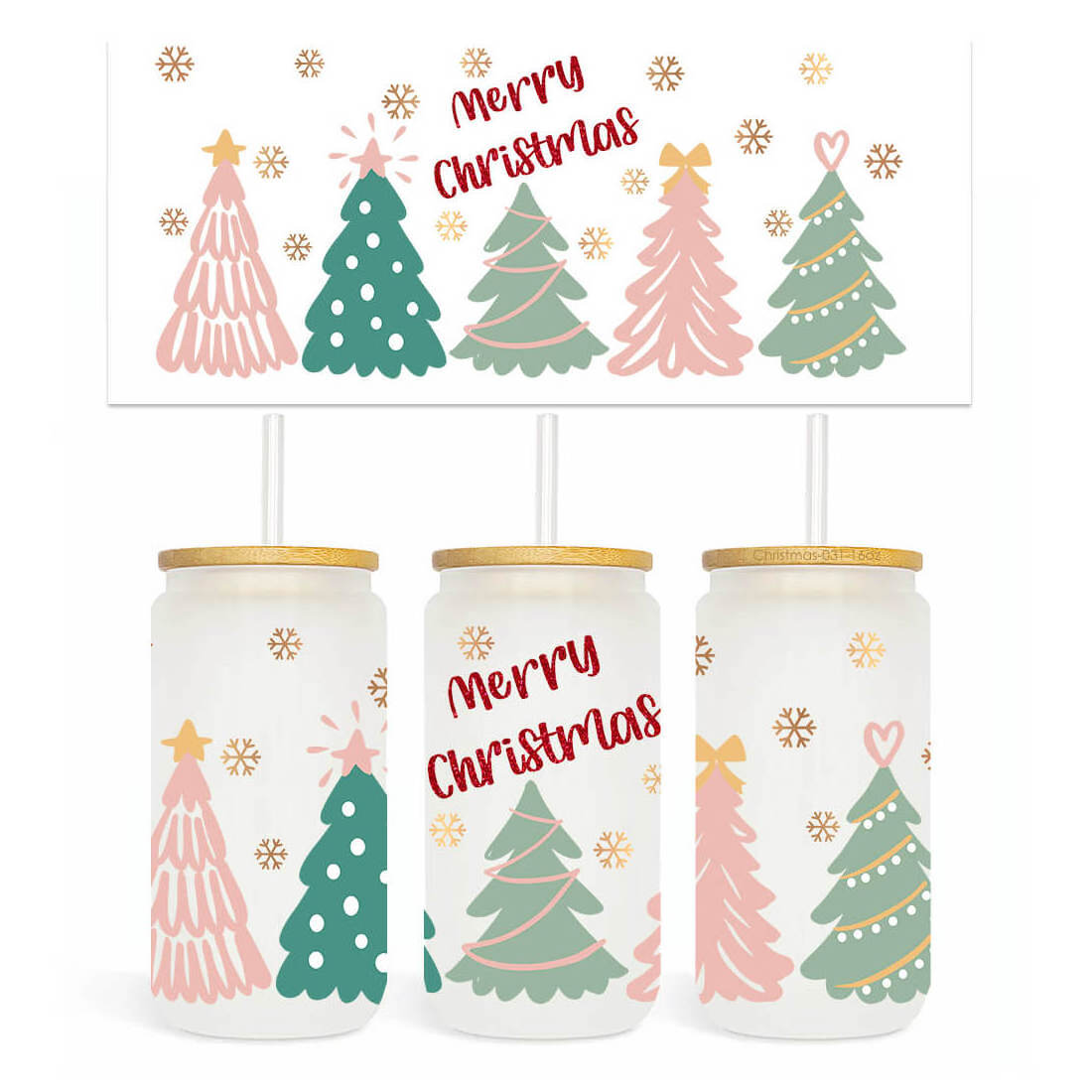 Custom Christmas Day Printed 3d Label Christmas Tree Design Transparent Cup Wrap Transfers Sticker