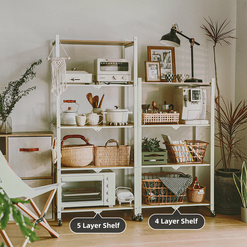 SHIMOYAMA Durable Home Use Nature Design Multi-purpose 4/5 Layers Standing Folding Wooden Storage Shelf Rack with Wheels