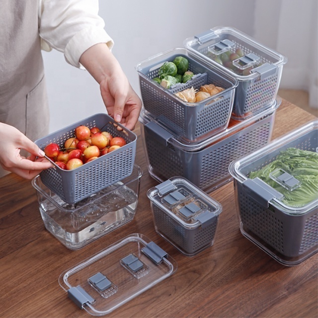 SHIMOYAMA Durable  Large Grey Drain Basket food Vegetable Storage Boxes Plastic Storage Baskets with lids