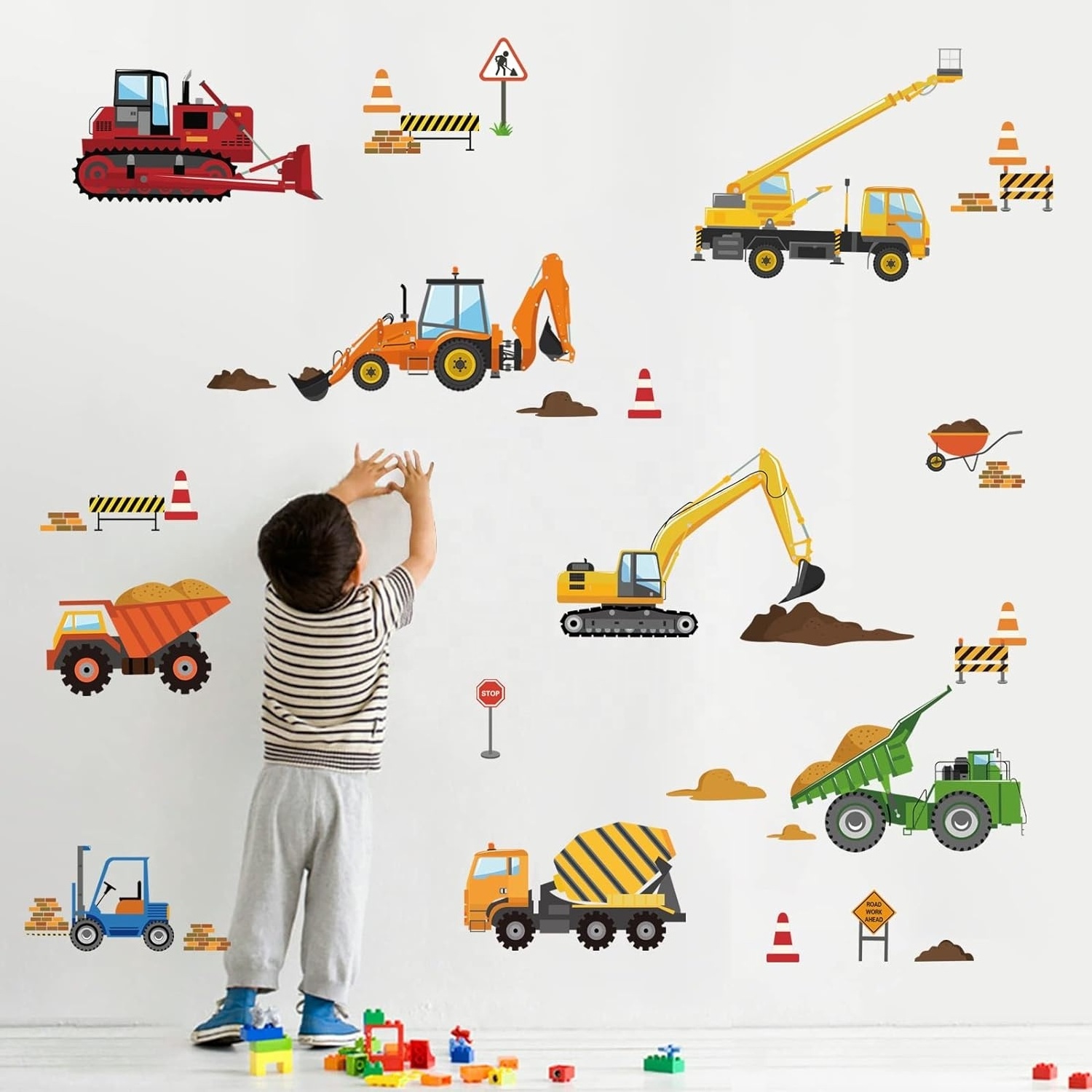 DIY Construction Vehicles Wall Decals Tractor Excavator Crane Wall Stickers Kids Bedroom Boys Room Playroom Wall Decor