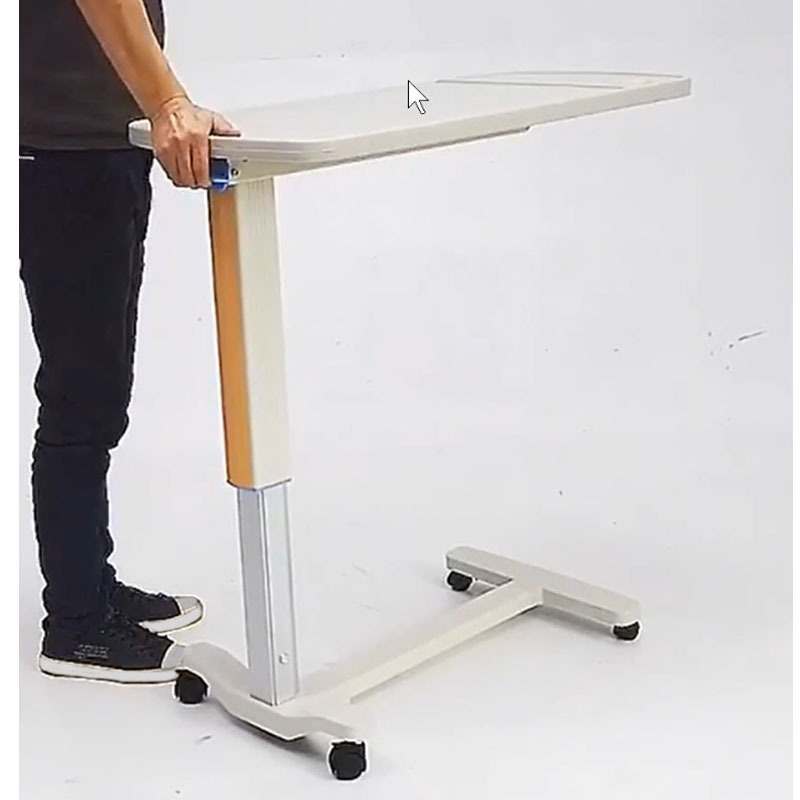 Hospital Homecare Height adjustable Mobile Hospital Bed Dining Table Wooden Hydraulic Over bed Table with Wheels