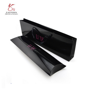 Cheap Personalized Pillow Box Packaging With Handle Black Packaging Box With Logo Printed For Hair Extensions With Paper Bag