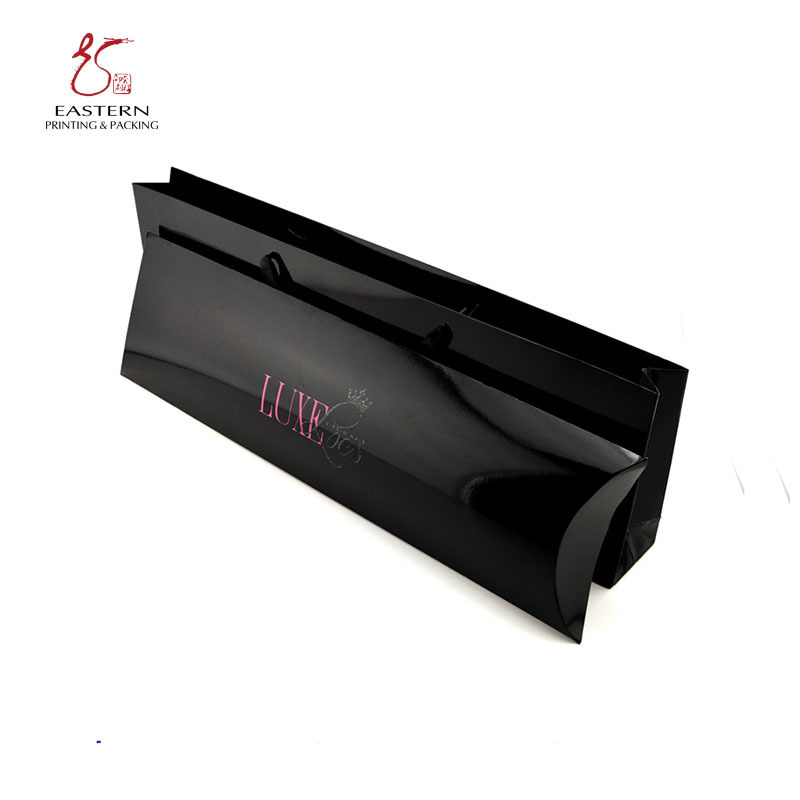 Cheap Personalized Pillow Box Packaging With Handle Black Packaging Box With Logo Printed For Hair Extensions With Paper Bag