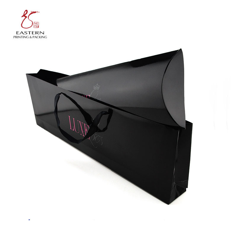 Cheap Personalized Pillow Box Packaging With Handle Black Packaging Box With Logo Printed For Hair Extensions With Paper Bag