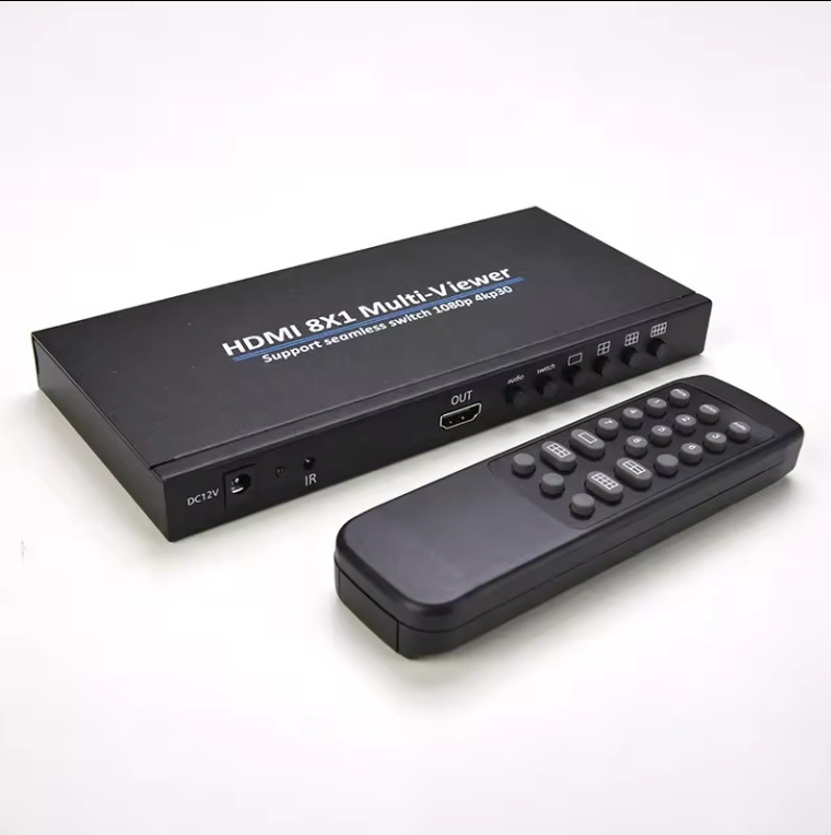 4K 1080P 8 In 1 Out HDMI Switch 8x1 HDMI Seamless Quad Multi-Viewer Switcher With Remote Control Black