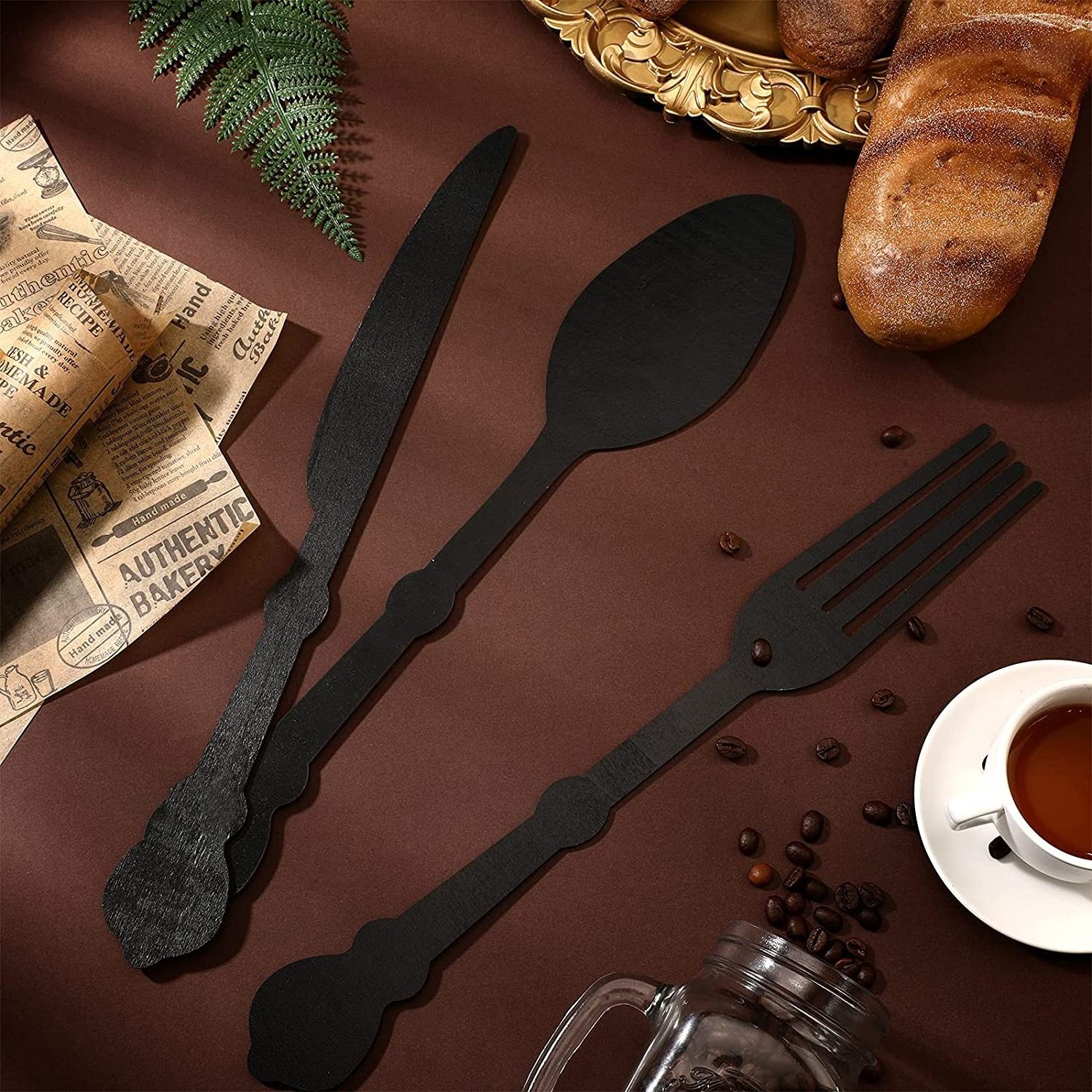 Large Fork Knife Spoon Set Wooden Farmhouse Kitchen Wall Sign Suitable for Family Dining Room Decoration (Black)