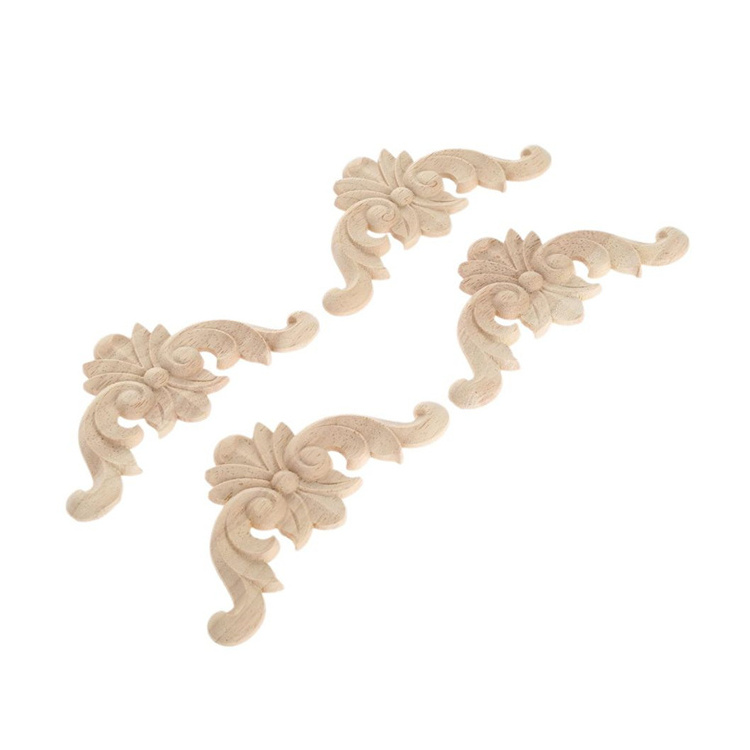 4PCS Wood Applique Rubber Wood Carved Corner Onlay Appliques Furniture Onlay Door Wall Cabinet wood curving wall decor