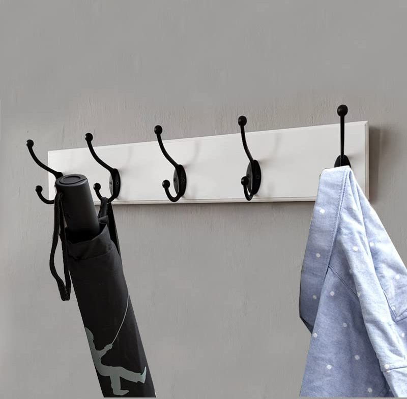 Wood Coat Rack Wall Mounted - 22 Inches 5 Hooks Heavy Duty for Coat Hat Towel Purse Robes Mudroom (White Base & Black Hook)