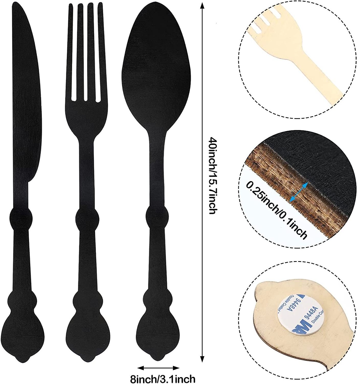 Large Fork Knife Spoon Set Wooden Farmhouse Kitchen Wall Sign Suitable for Family Dining Room Decoration (Black)