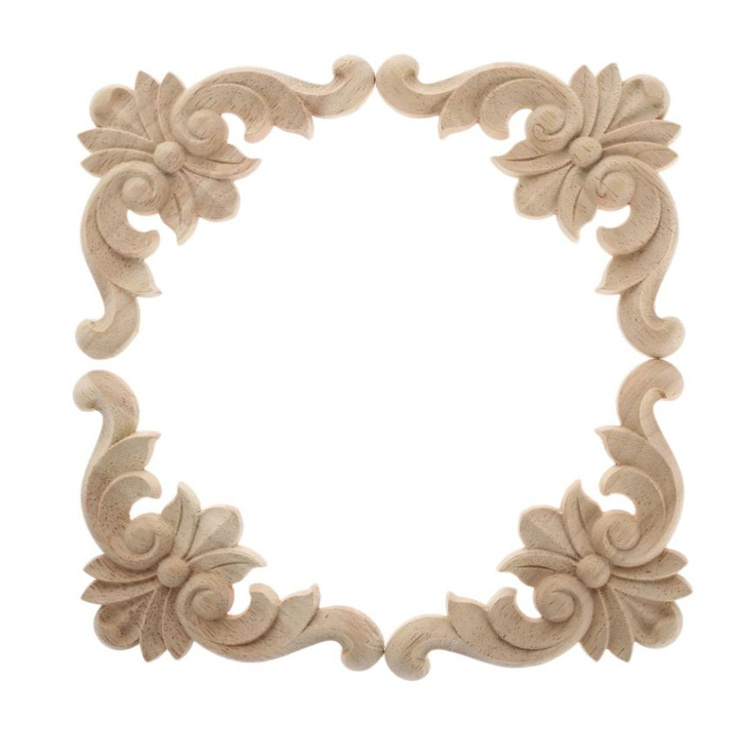 4PCS Wood Applique Rubber Wood Carved Corner Onlay Appliques Furniture Onlay Door Wall Cabinet wood curving wall decor