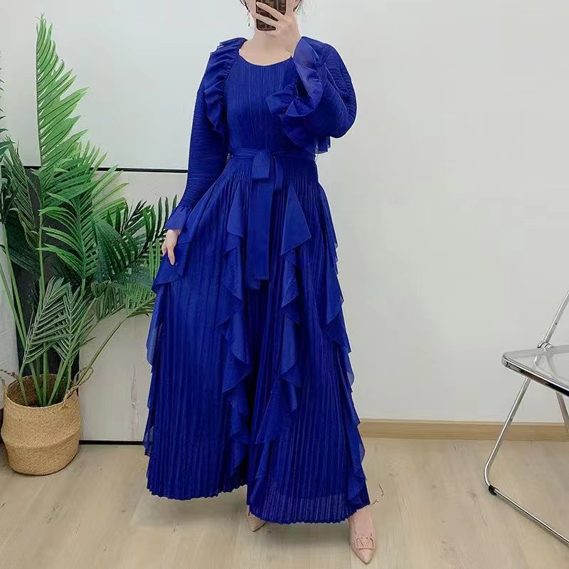 Autumn Polyester Female Elegant Temperament Ruffles Plus Size Miyake Pleated Long Sleeves Solid Color Collarless Women Dress