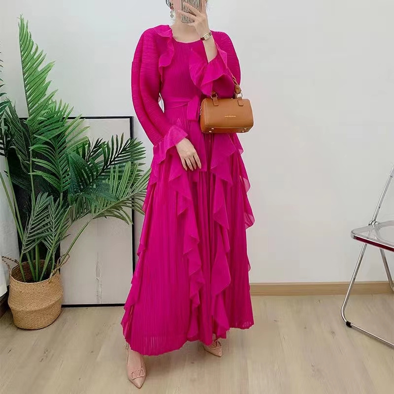 Autumn Polyester Female Elegant Temperament Ruffles Plus Size Miyake Pleated Long Sleeves Solid Color Collarless Women Dress