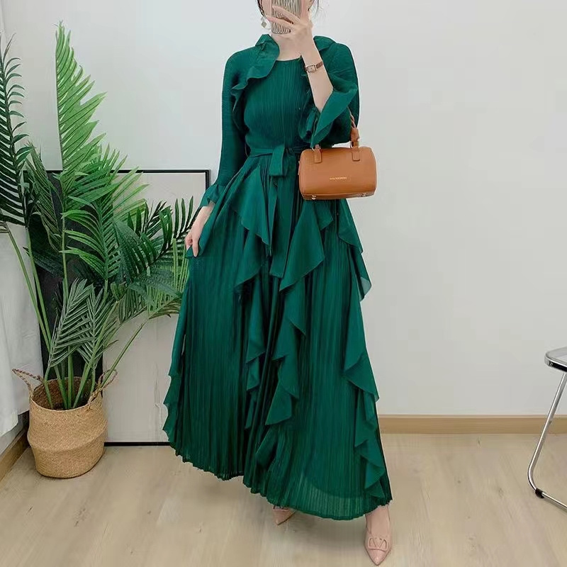 Autumn Polyester Female Elegant Temperament Ruffles Plus Size Miyake Pleated Long Sleeves Solid Color Collarless Women Dress