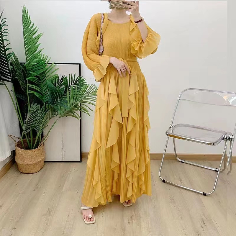 Autumn Polyester Female Elegant Temperament Ruffles Plus Size Miyake Pleated Long Sleeves Solid Color Collarless Women Dress