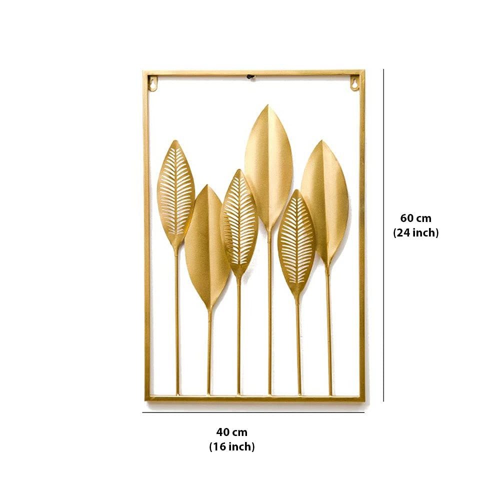 Modern Golden Leaves Set of Three With Golden Rectangular Frame Iron Metal Wall Hanging Tree Decoration For home Office