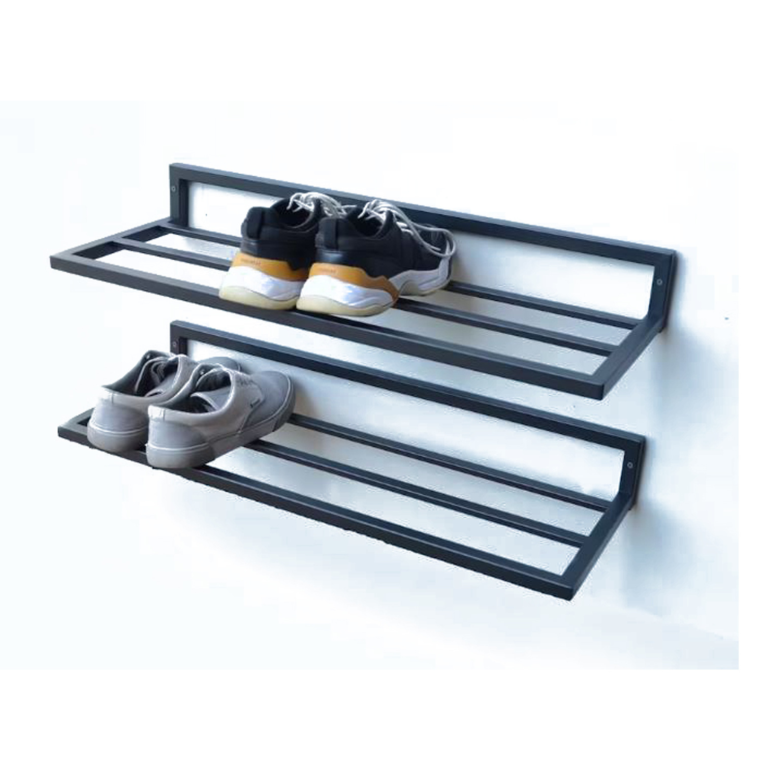 Metal Wall Mounted Shoe Rack Multiple Shelves Clutter Free functional Sturdy Durable Spaces Rustic Shoes Collection Low Space