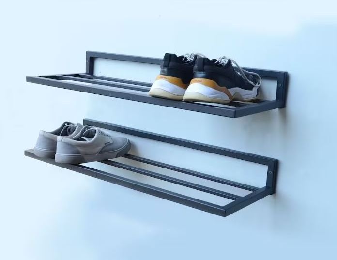 Metal Wall Mounted Shoe Rack Multiple Shelves Clutter Free functional Sturdy Durable Spaces Rustic Shoes Collection Low Space