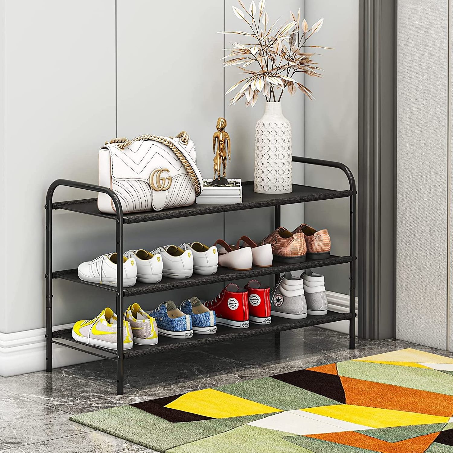 Black Industrial Metal Shoe Organizer Adjustable Rust-Proof Rack for Closet Entryway Hallway Bedroom Storage for Home Use