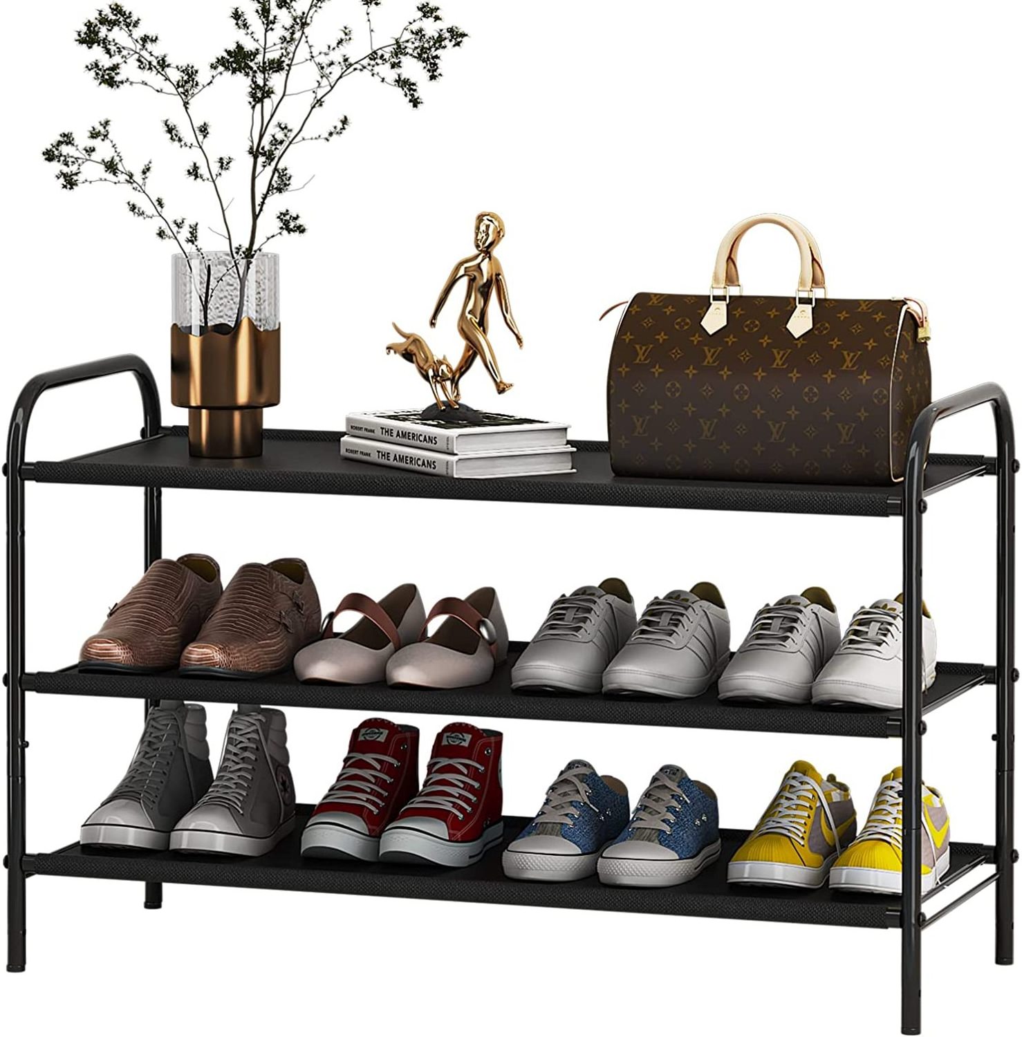 Black Industrial Metal Shoe Organizer Adjustable Rust-Proof Rack for Closet Entryway Hallway Bedroom Storage for Home Use