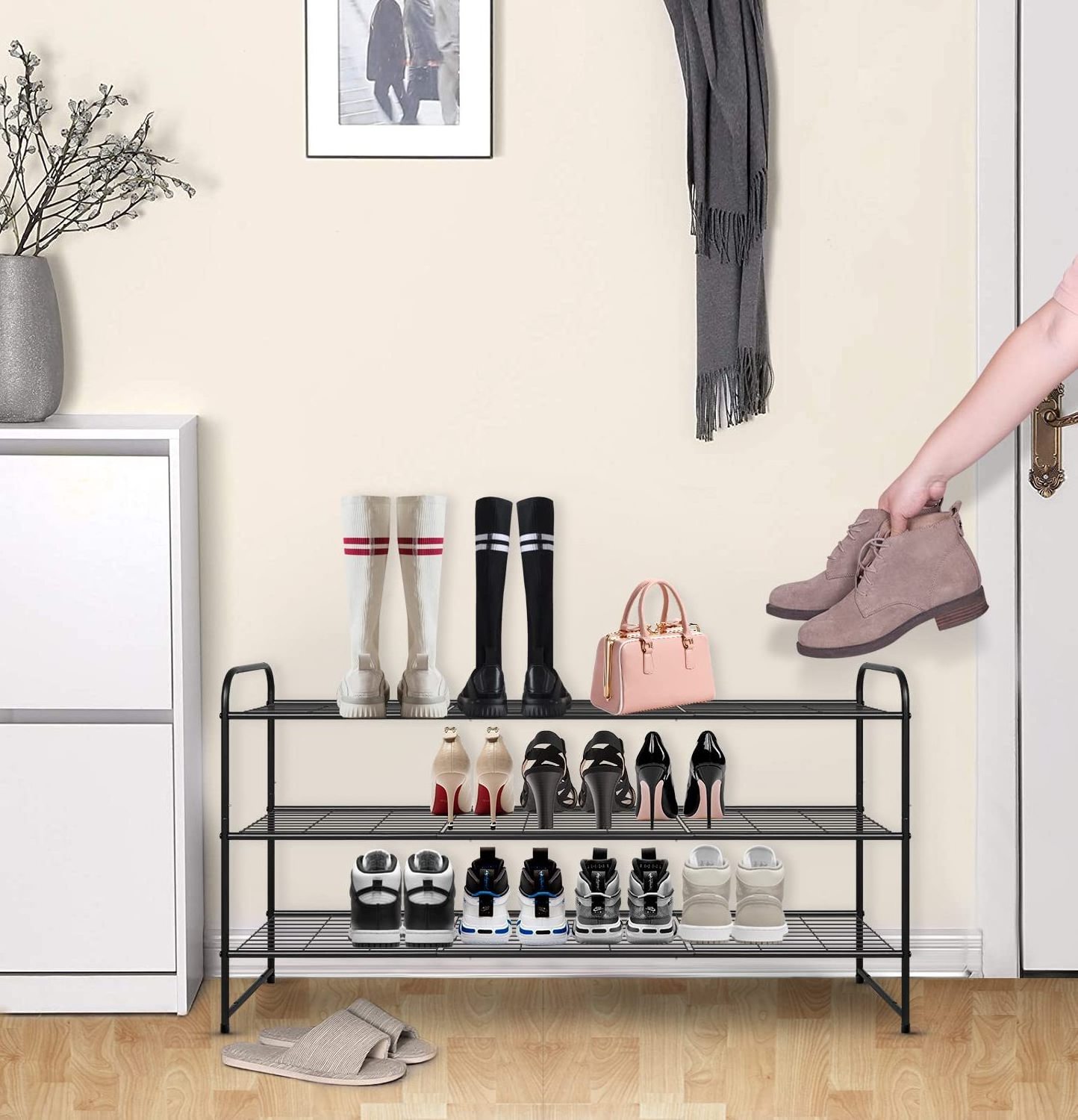 Metal Long Shoe Rack for Closet Shoe Organizer for Entryway Wide Stackable Shoe Storage Shelf with Sturdy Wire Grid for Closet