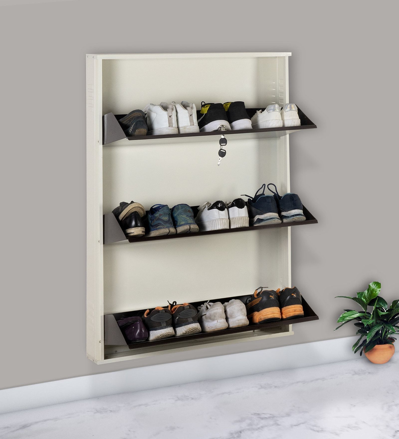 Metal Tilt Out Shoe Rack in Metallic Ivory Wall Mounted Shoe Rack Locker Hallway Spacious Space with Different Heights Entryway