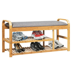 Entryway 3-Tier Wooden Shoe Rack Bench with Cushion Side Table Hallway Spacious Space with Different Heights Comfortable Cushion