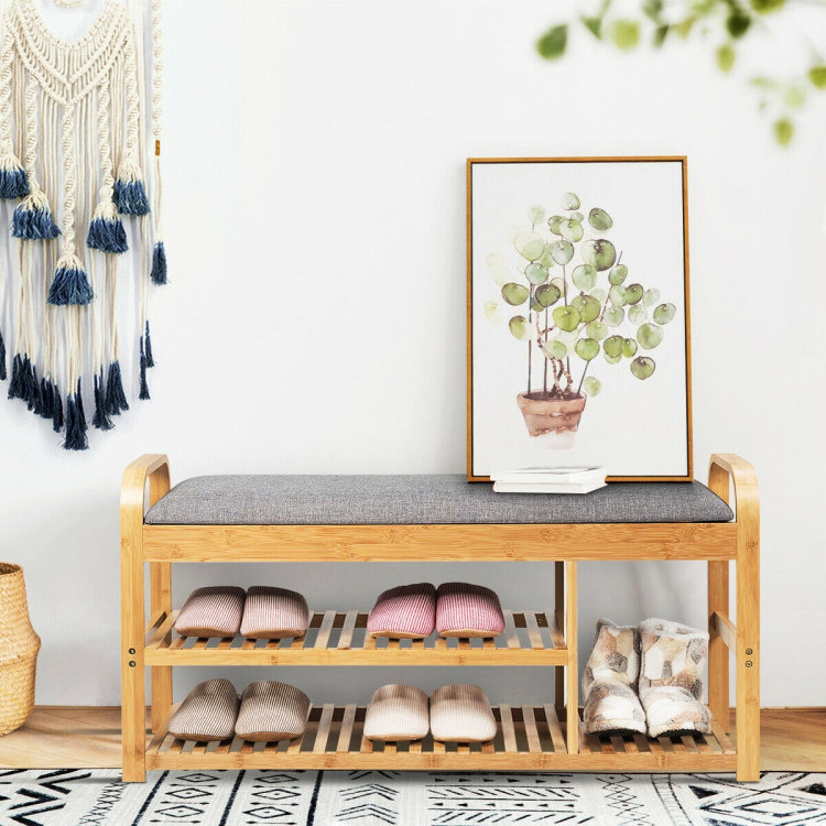 Entryway 3-Tier Wooden Shoe Rack Bench with Cushion Side Table Hallway Spacious Space with Different Heights Comfortable Cushion