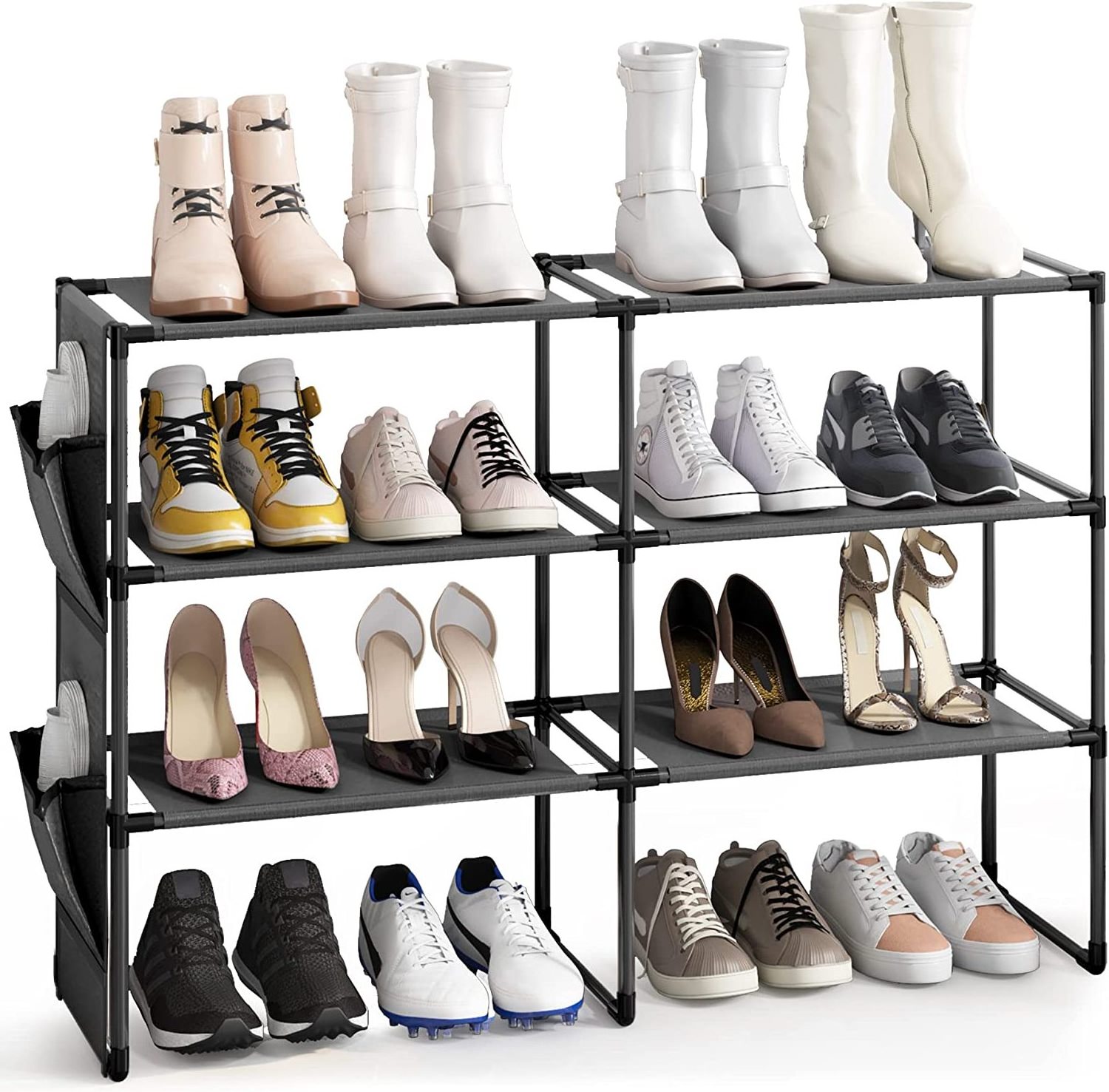 Metal Shoe Rack with Removable Side Pockets Large Storage Organizer for Heels and Shoes Shoe Shelf  for Entryway Bedroom Hallway