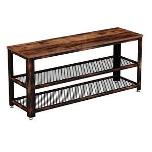 Extended Edition Metal Shoe Bench with Wood Seat Stackable Mesh Shelves Organizer Storage for Entryway Wood Seat Shoe Rack