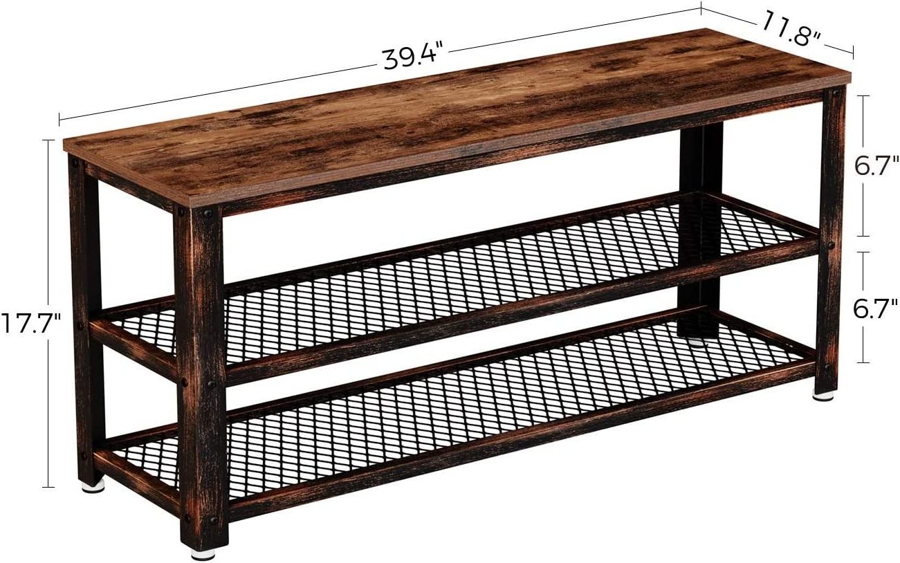 Extended Edition Metal Shoe Bench with Wood Seat Stackable Mesh Shelves Organizer Storage for Entryway Wood Seat Shoe Rack