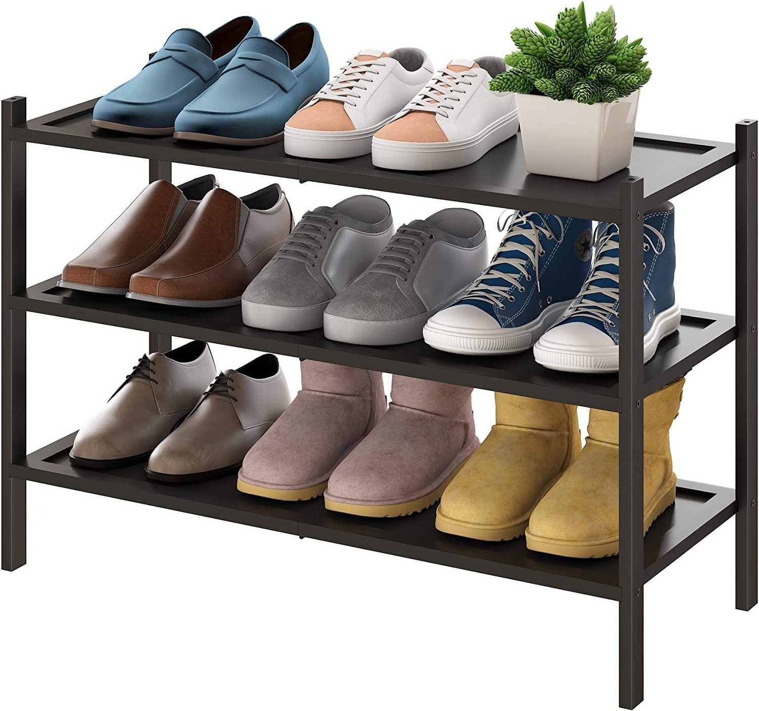 3-Tier Wooden Shoe Rack Premium Stackable Shoe Shelf Storage Organizer for Hallway Closet Living Room Entryway Slipper Organizer