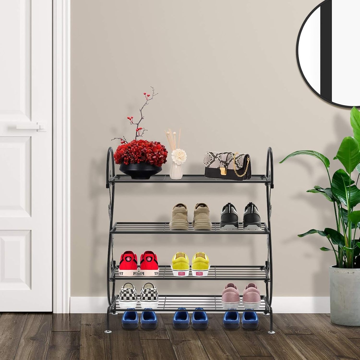 Iron Shoe Organizer for Living Room Entryway Rustproof Shoe Tower Decorative Flowers Shoe Stand Industrial Rustic Black Stand