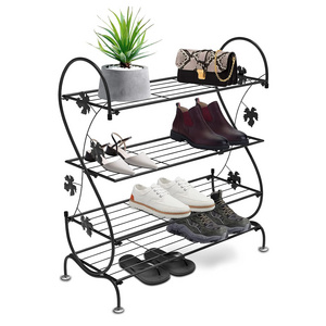 Iron Shoe Organizer for Living Room Entryway Rustproof Shoe Tower Decorative Flowers Shoe Stand Industrial Rustic Black Stand