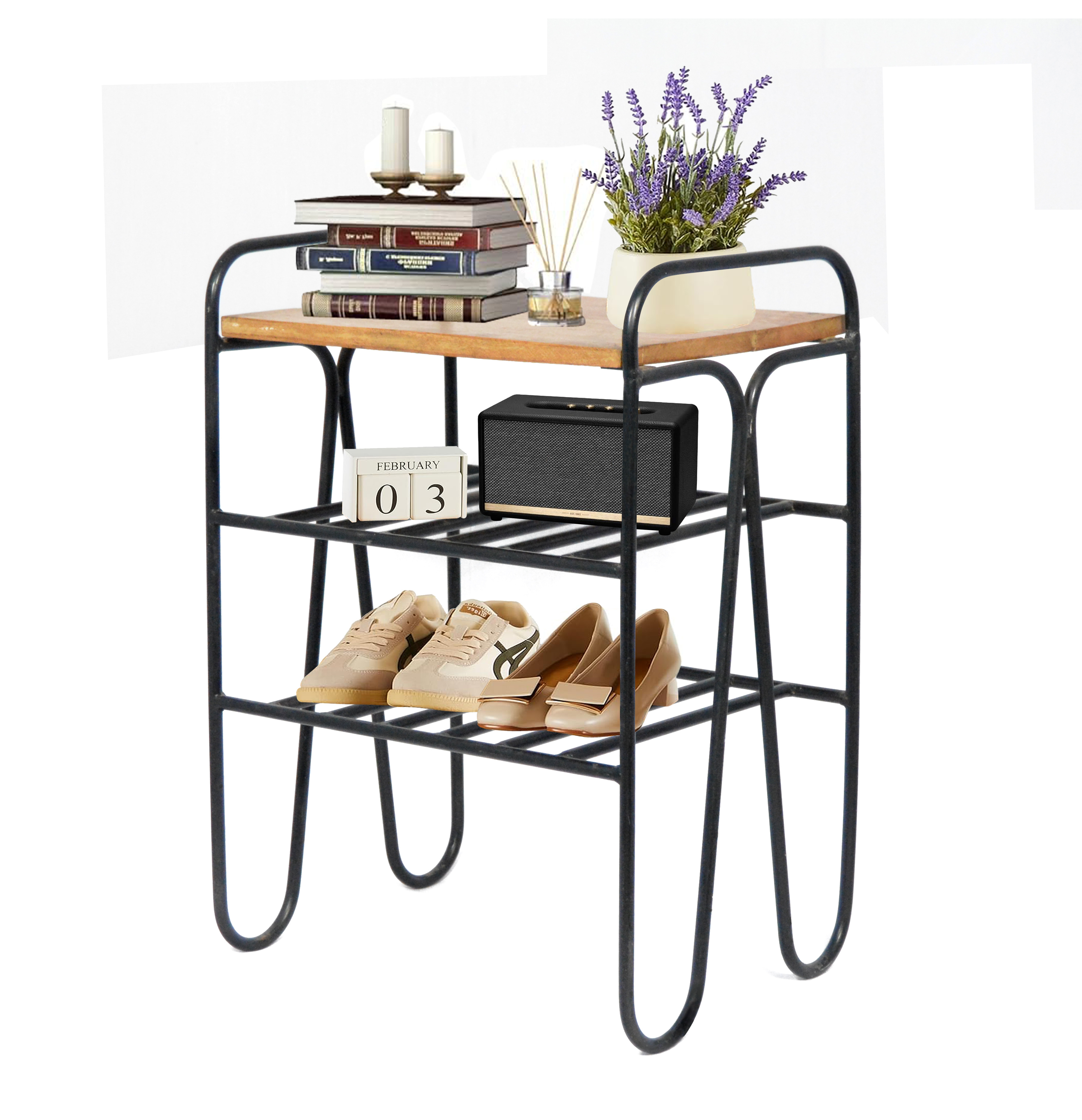 Metal Shoe Rack with Wooden Top for Display Cabinet Storage Organizer Shelf Storage Shoe Shelf for Hallway Entryway Home Living