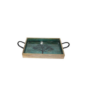 DECORATIVE GOLDEN GREEN COLOR WOODEN ENAMEL SERVING TRAY KITCHEN DECORATIVE WOOD TRAY AND CHRISTMAS OCCASION CANDLE DECOR