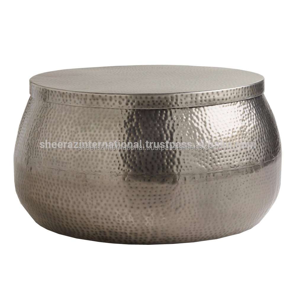 Aluminium Round Hammered Brass Drum Side Table and Coffee Table Container Lid Removable for Bedroom Living Room Contemporary